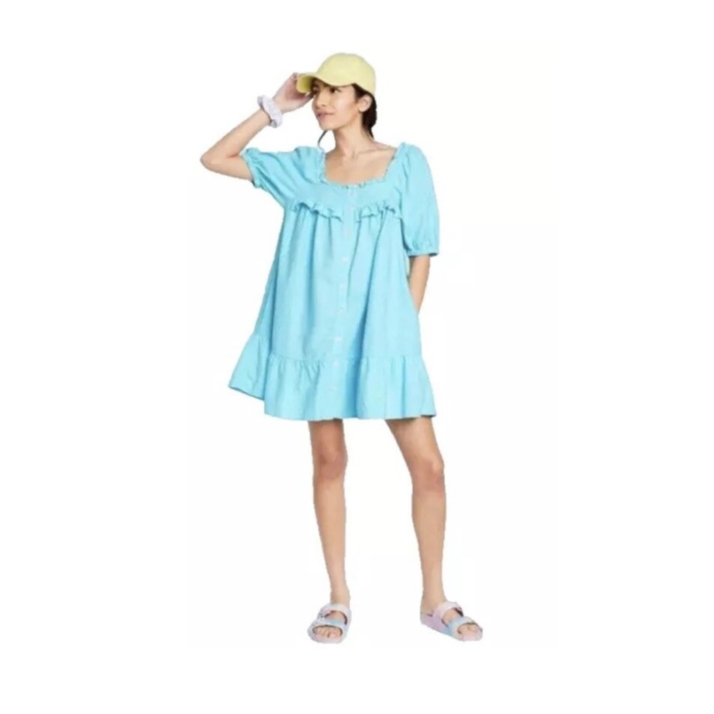 NWT Stony Clover Lane Aqua Blue Linen Mini Dress M Ruffles